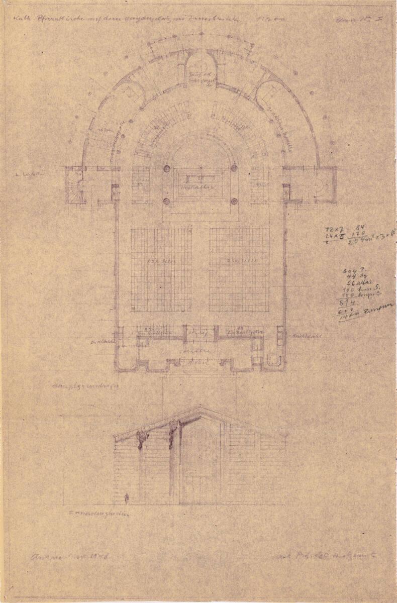 Clemens Holzmeister, Innsbruck, Pfarrkirche Saggen; Studie; Grundriss Erdgeschoß; Vorderansicht…