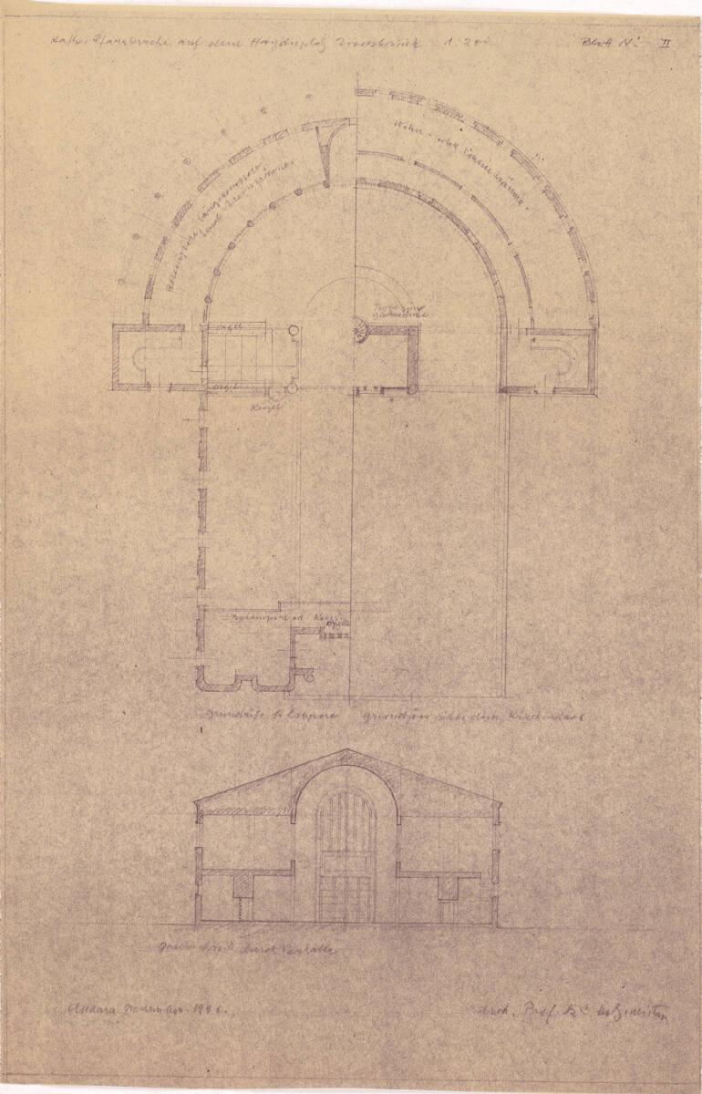 Clemens Holzmeister, Innsbruck, Pfarrkirche Saggen; Studie; Grundriss 1. Empore mit Grundriss ü…