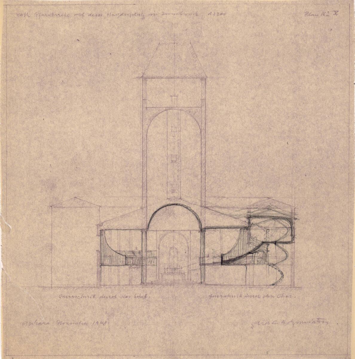 Clemens Holzmeister, Innsbruck, Pfarrkirche Saggen; Studie; Querschnitt durch das Schiff und Qu…