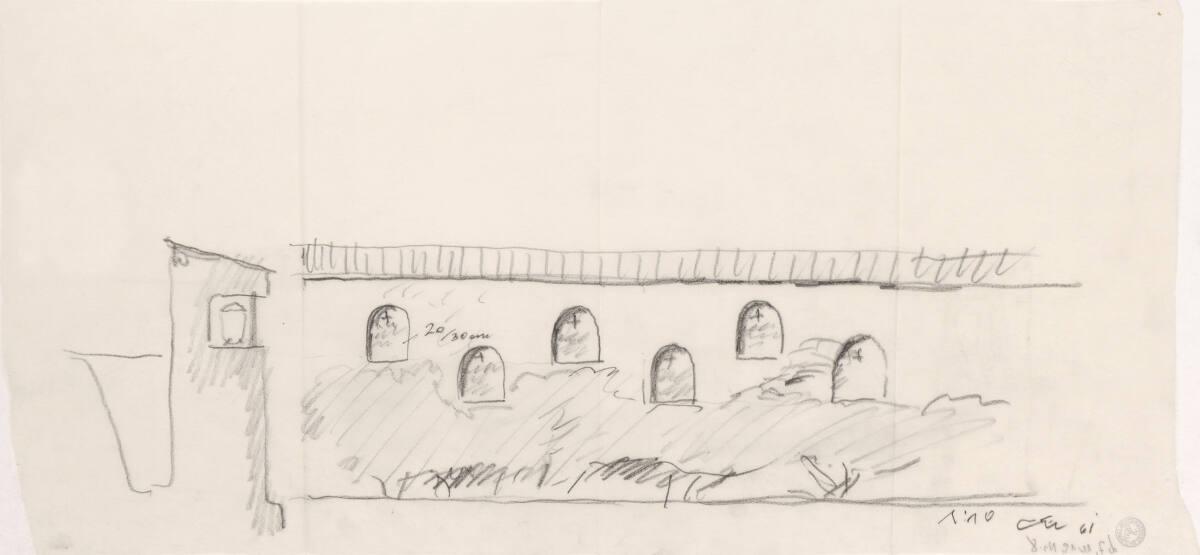 Clemens Holzmeister, Kitzbühel, Evangelische Kirche; Studie; Urnenmauer, Schnitt, Ansicht, Inv.…