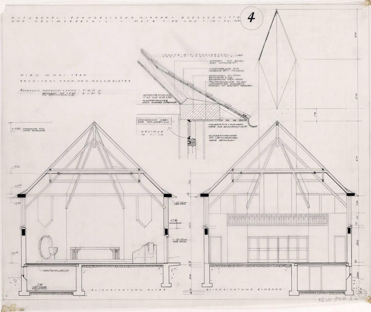 Clemens Holzmeister, Kitzbühel, Evangelische Kirche; Querschnitt Blickrichtung Altar, Querschni…