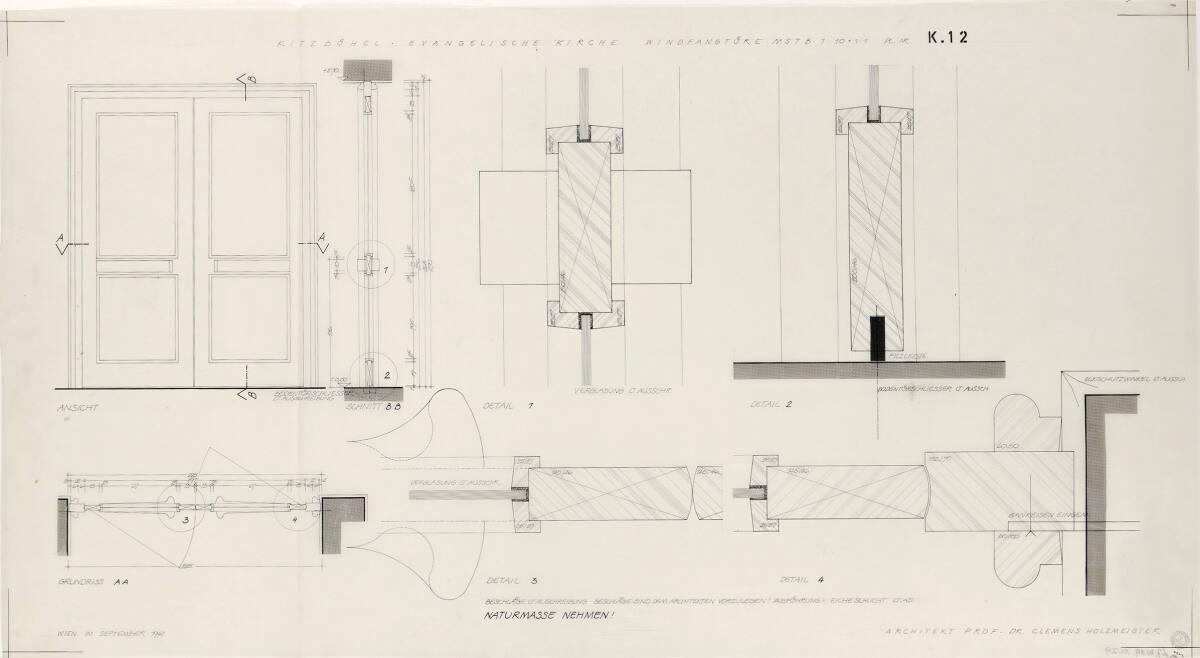 Clemens Holzmeister, Kitzbühel, Evangelische Kirche; Windfangtür, Ansicht; Grundriss A - A; Ver…