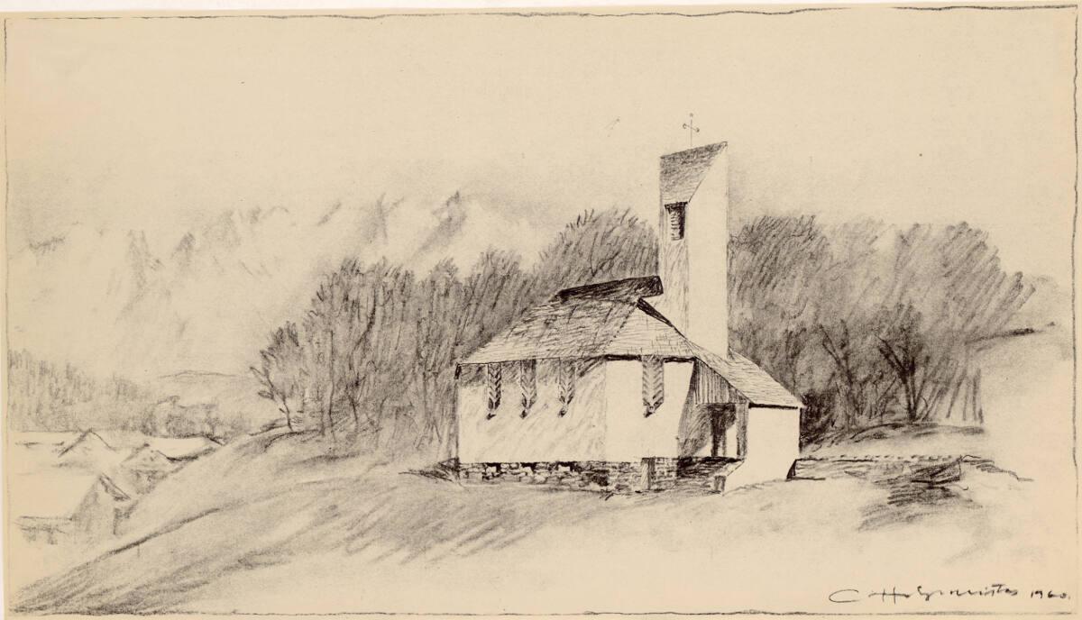Clemens Holzmeister, Kitzbühel, Evangelische Kirche; Variante; perspektivische Ansicht mit Land…
