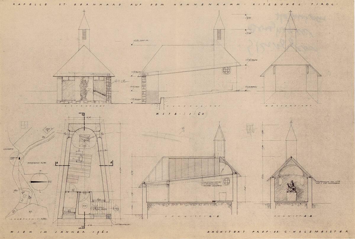 Clemens Holzmeister, Kitzbühel, Hahnenkamm, Kapelle St. Bernhard; Ostansicht, Nordansicht, West…