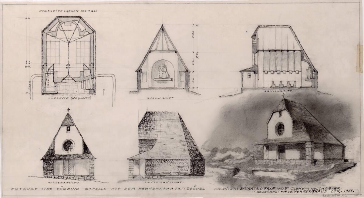 Clemens Holzmeister, Kitzbühel, Hahnenkamm, Kapelle St. Bernhard; Variante B; Grundriss; Quersc…