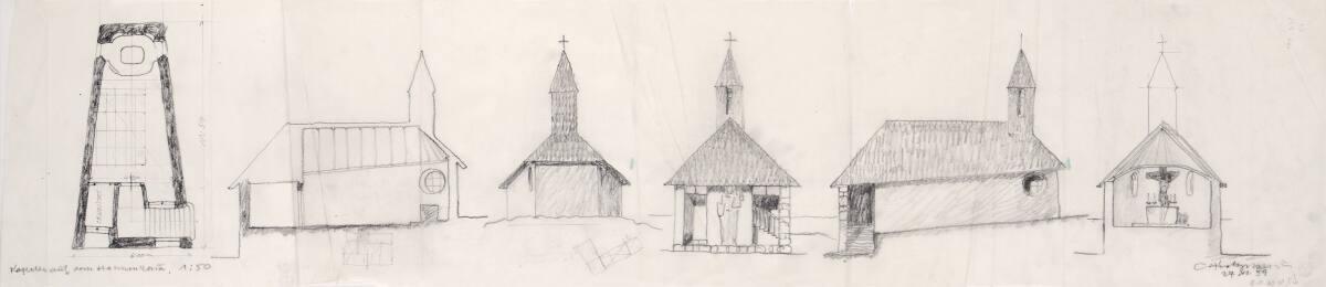 Clemens Holzmeister, Kitzbühel, Hahnenkamm, Kapelle St. Bernhard; Studie; Grundriss; Längsschni…