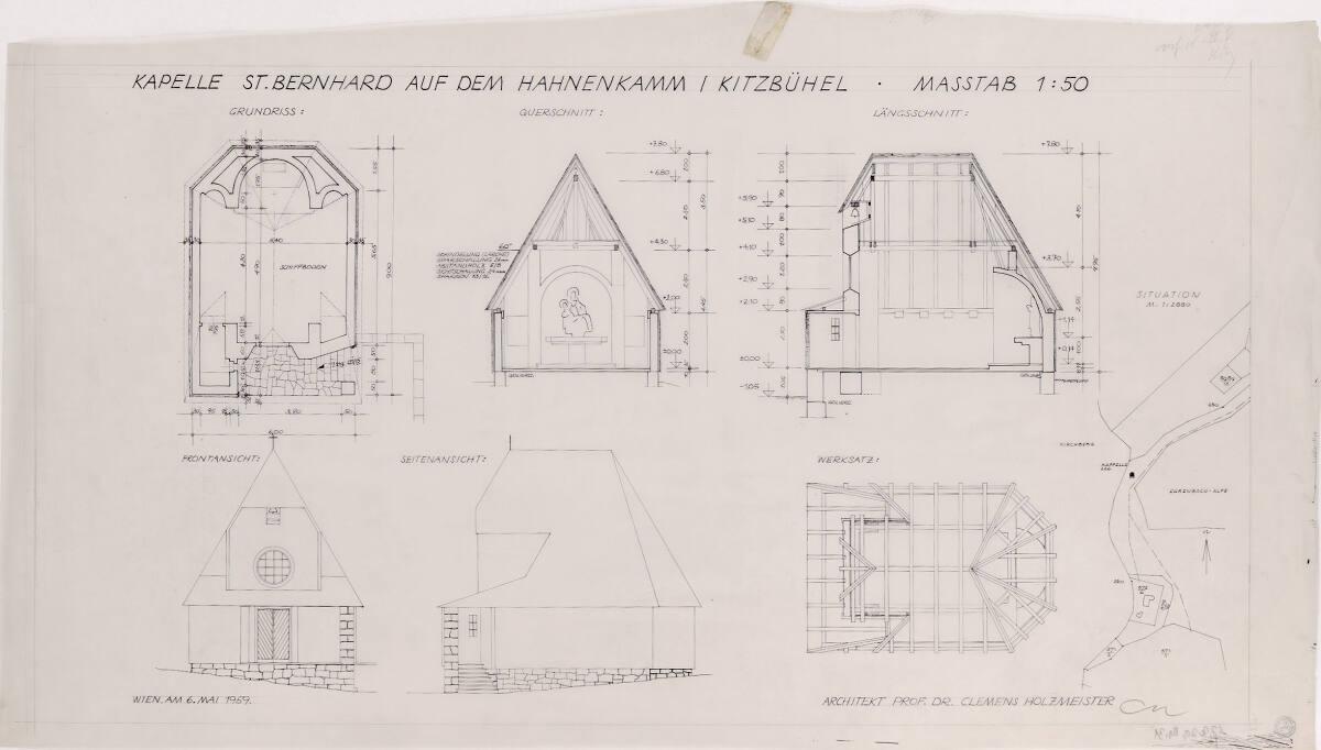 Clemens Holzmeister, Kitzbühel, Hahnenkamm, Kapelle St. Bernhard; Variante B; Grundriss; Quersc…