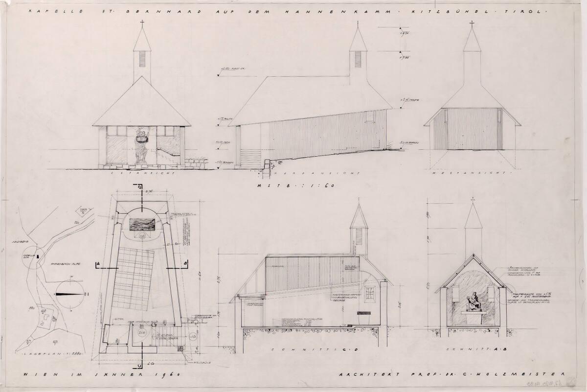 Clemens Holzmeister, Kitzbühel, Hahnenkamm, Kapelle St. Bernhard; Ostansicht, Nordansicht, West…