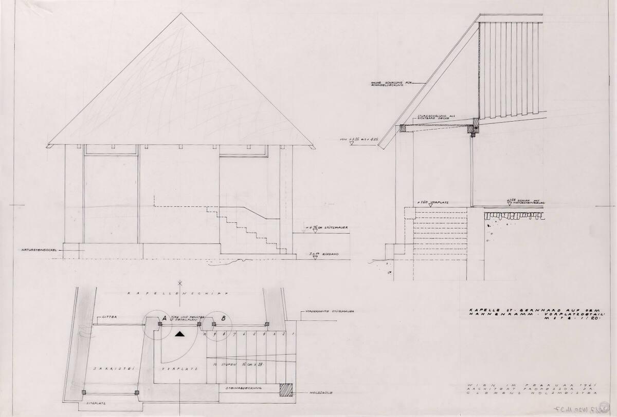 Clemens Holzmeister, Kitzbühel, Hahnenkamm, Kapelle St. Bernhard; Vorplatz (Eingangsbereich); V…