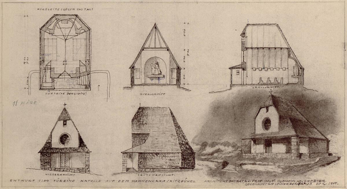 Clemens Holzmeister, Kitzbühel, Hahnenkamm, Kapelle St. Bernhard; Variante B; Grundriss; Quersc…