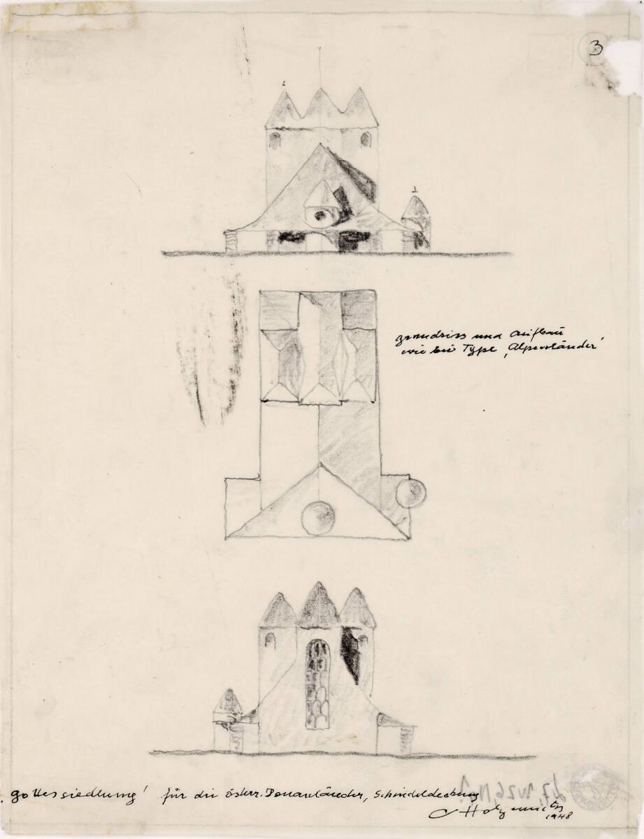 Clemens Holzmeister, Idealentwurf  für "Kirchenbau ewig neu", Landkirche mittlerer Größe mit St…