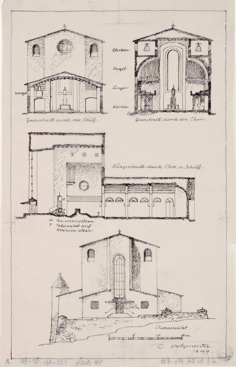 Clemens Holzmeister, Idealentwurf  für "Kirchenbau ewig neu", Landkirche mittlerer Größe mit Fl…