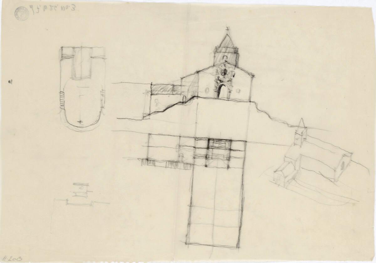 Clemens Holzmeister, Idealentwurf  für "Kirchenbau ewig neu", Landkirche mittlerer Größe mit St…