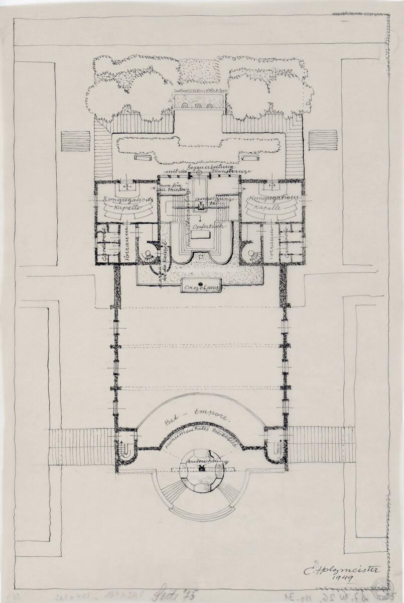 Clemens Holzmeister, Idealentwurf  für "Kirchenbau ewig neu", große Stadtkirche; Grundriss Empo…