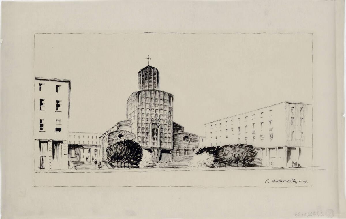 Clemens Holzmeister, Idealentwurf  für "Kirchenbau ewig neu", große Stadtkirche; perspektivisch…