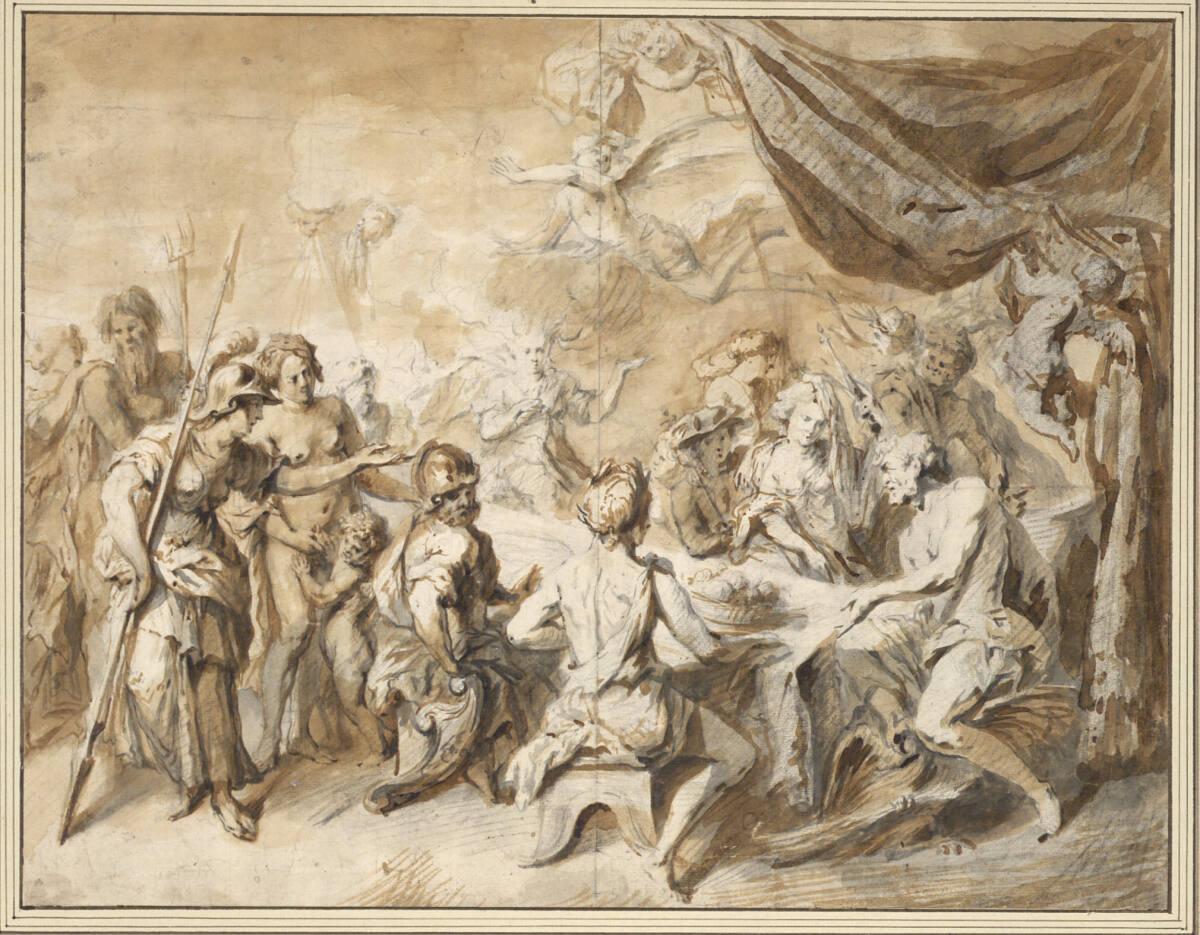 Jan van den Hoecke, Göttermahl mit Juno, die Jupiter darum bittet, die Winde gegen die Flotte d…