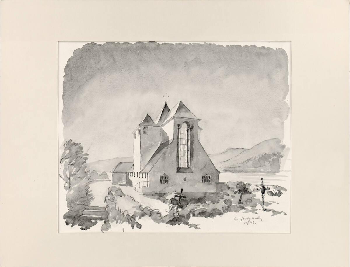 Clemens Holzmeister, Idealentwurf  für "Kirchenbau ewig neu", Landkirche mittlerer Größe mit St…
