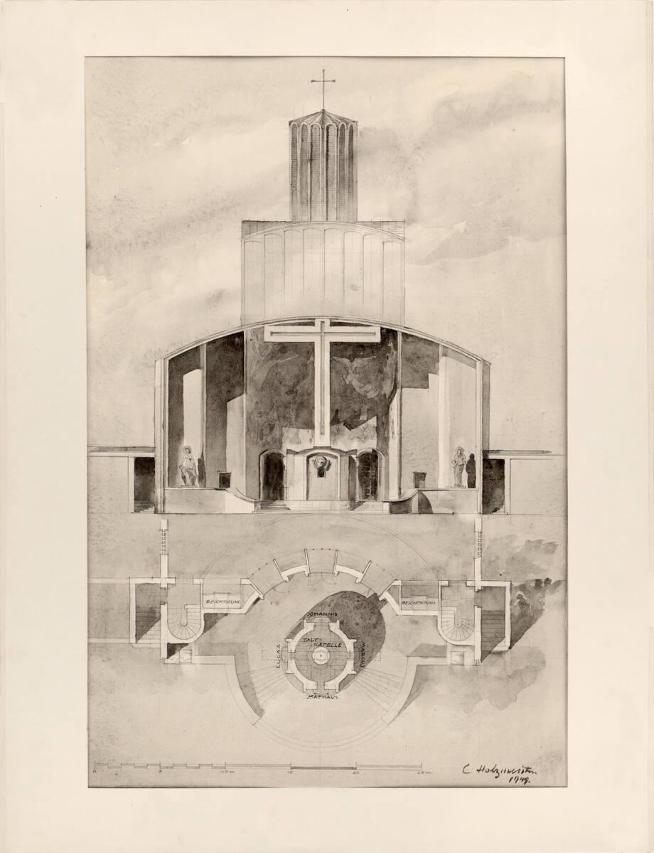 Clemens Holzmeister, Idealentwurf  für "Kirchenbau ewig neu", große Stadtkirche; Eingangsseite,…