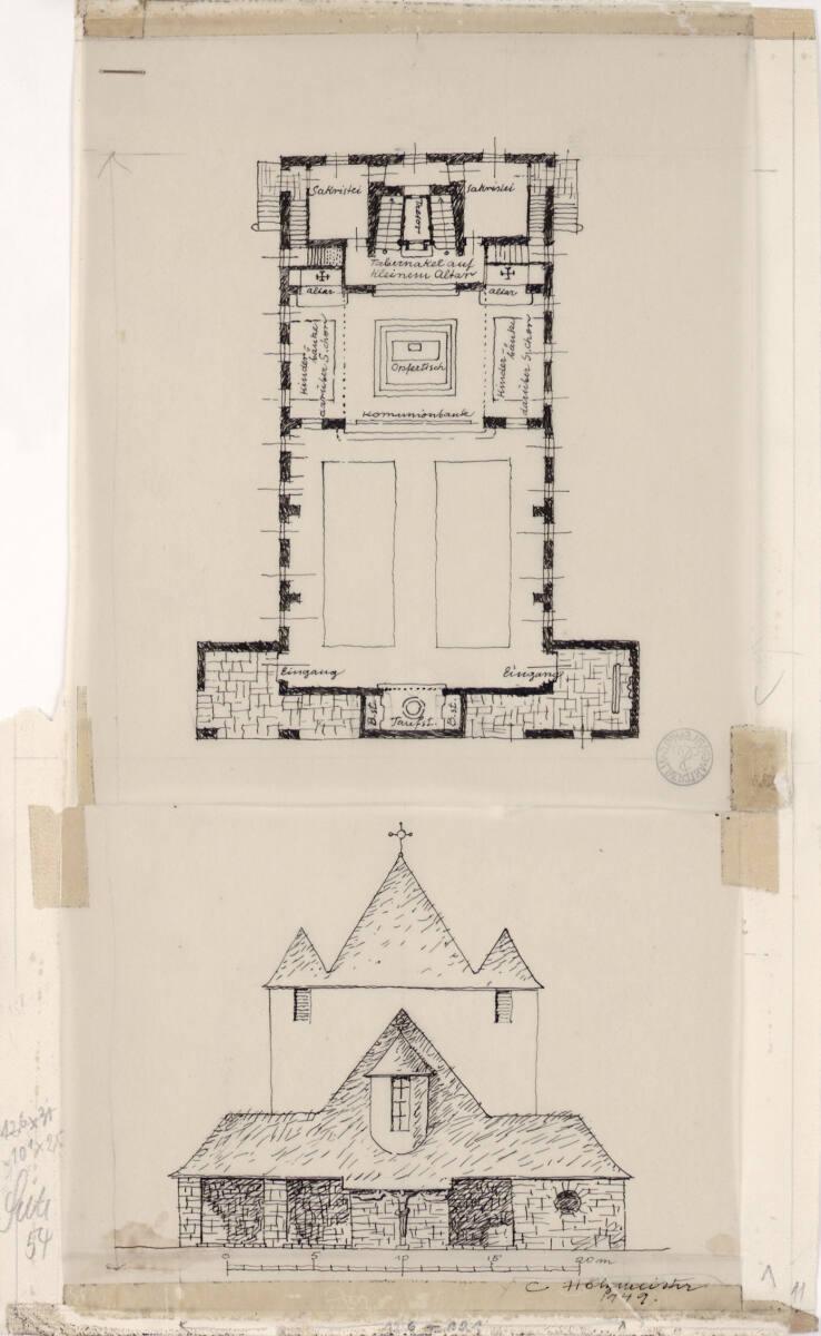 Clemens Holzmeister, Idealentwurf  für "Kirchenbau ewig neu", Landkirche mittlerer Größe mit St…