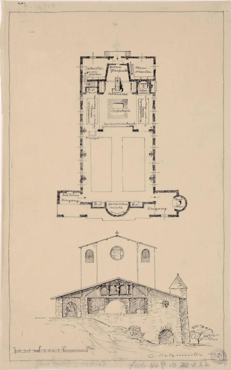 Clemens Holzmeister, Idealentwurf  für "Kirchenbau ewig neu", Landkirche mittlerer Größe mit Fl…