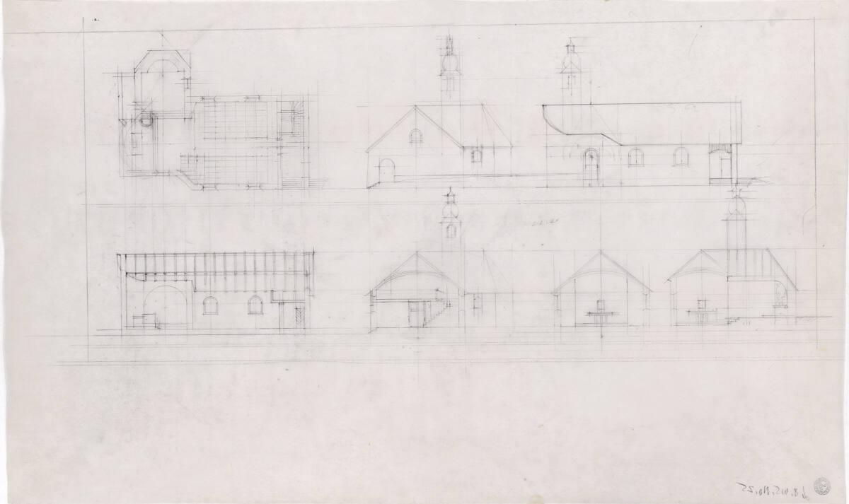 Clemens Holzmeister, Krössbach, Kapellenerweiterung; Grundriss Erdgeschoß; Ansicht Giebelfassad…