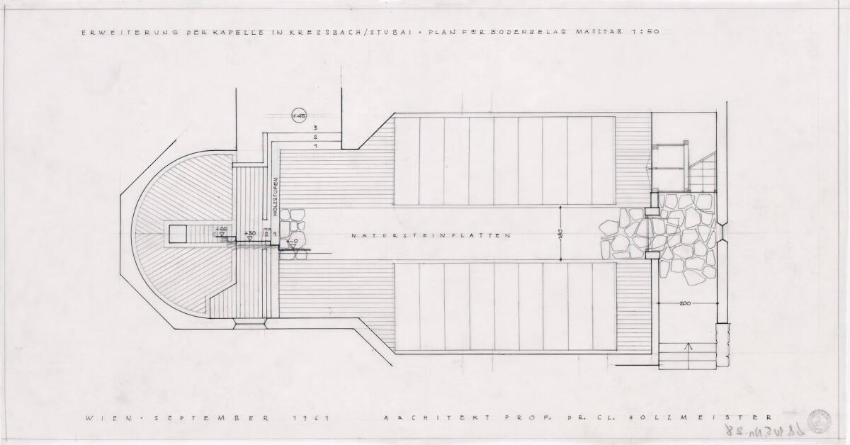 Clemens Holzmeister(?), Krössbach, Kapellenerweiterung; Bodenbelag, Grundriss Erdgeschoß, Inv. …