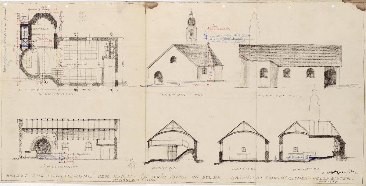 Clemens Holzmeister, Krössbach, Kapellenerweiterung; Skizze; Grundriss Erdgeschoß; Vorderansich…