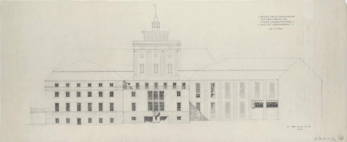 Clemens Holzmeister, Linz, Landestheater, Umbau und Erweiterung; Skizze; Ansicht Lessinggasse, …