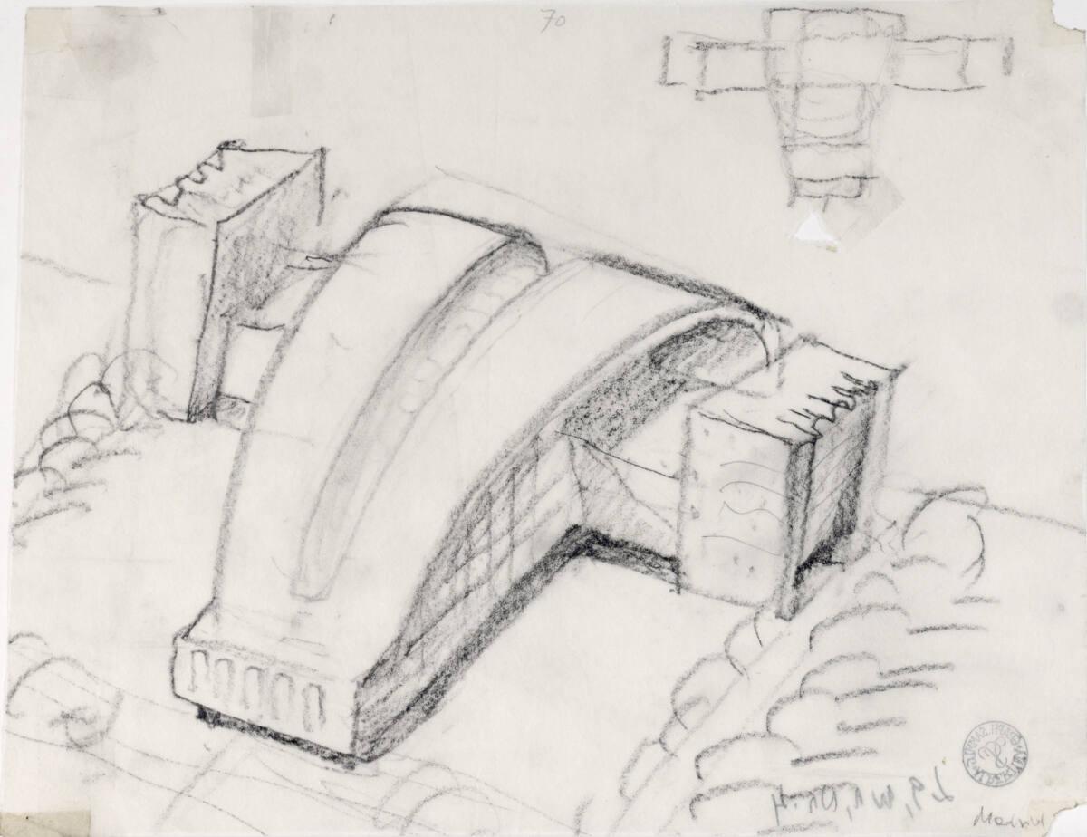 Clemens Holzmeister, Madrid, Oper; Baukörperstudie; Vogelperspektive; Grundriss, Inv. Nr.: CLHA…
