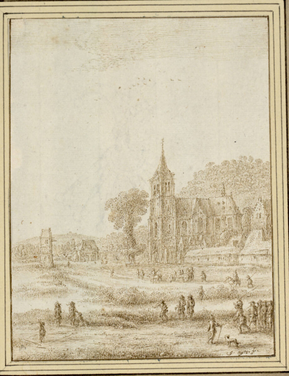 Blick über Wiesen auf eine Kirche, vorne Soldaten bei einem Wurfspiel, Gillis Neyts