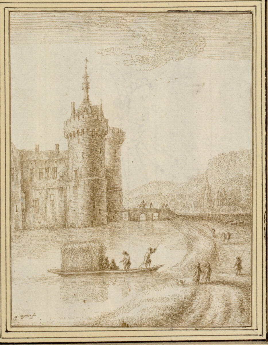 Blick auf ein Wasserschloß, davor ein kleines Boot mit Laube, Gillis Neyts