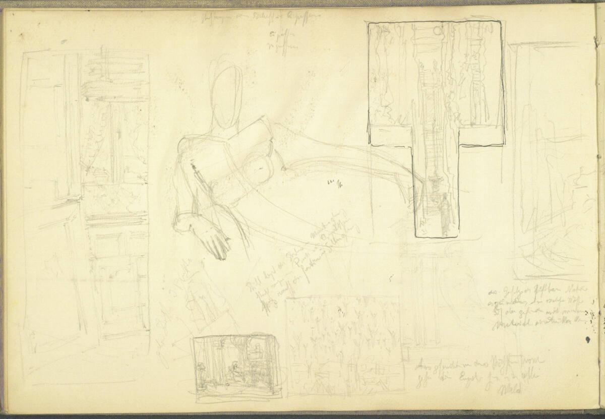 Alexander Rothaug, Vier Kompositionsentwürfe, u.a. Blick aus dem Fenster des Ateliers(?), weibl…