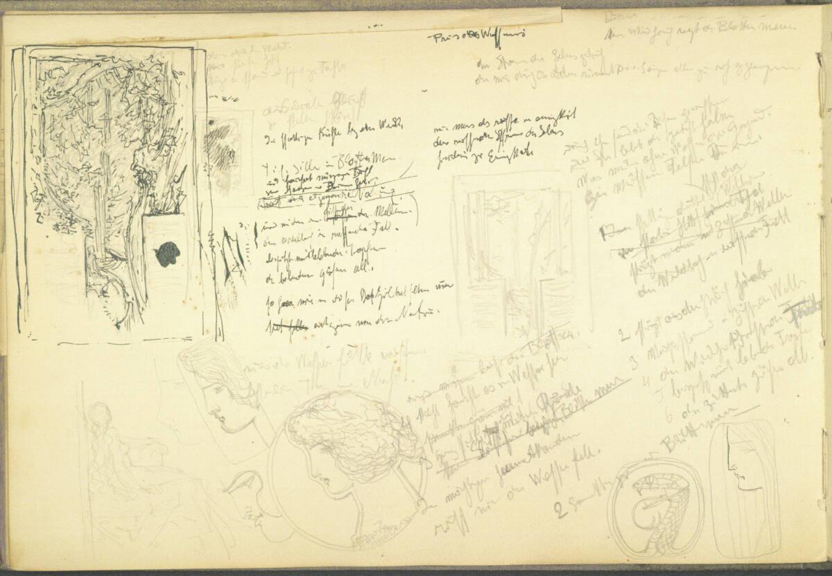Alexander Rothaug, Zwei Kompositionsentwürfe, Kopfstudien, Skizze eines Schlangenkopfes, Inv. N…