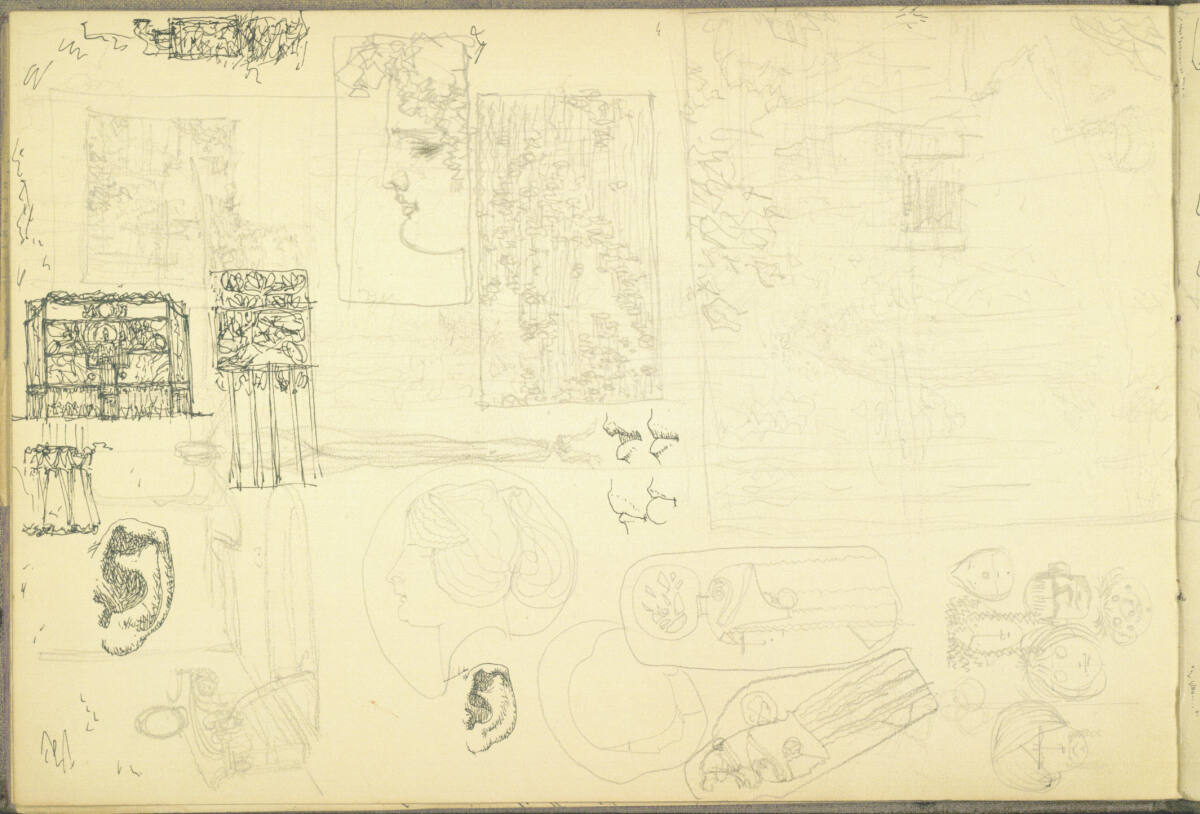Entwurf für eine Flächendekoration, Detail-, Landschafts- und Kopfstudien, Alexander Rothaug