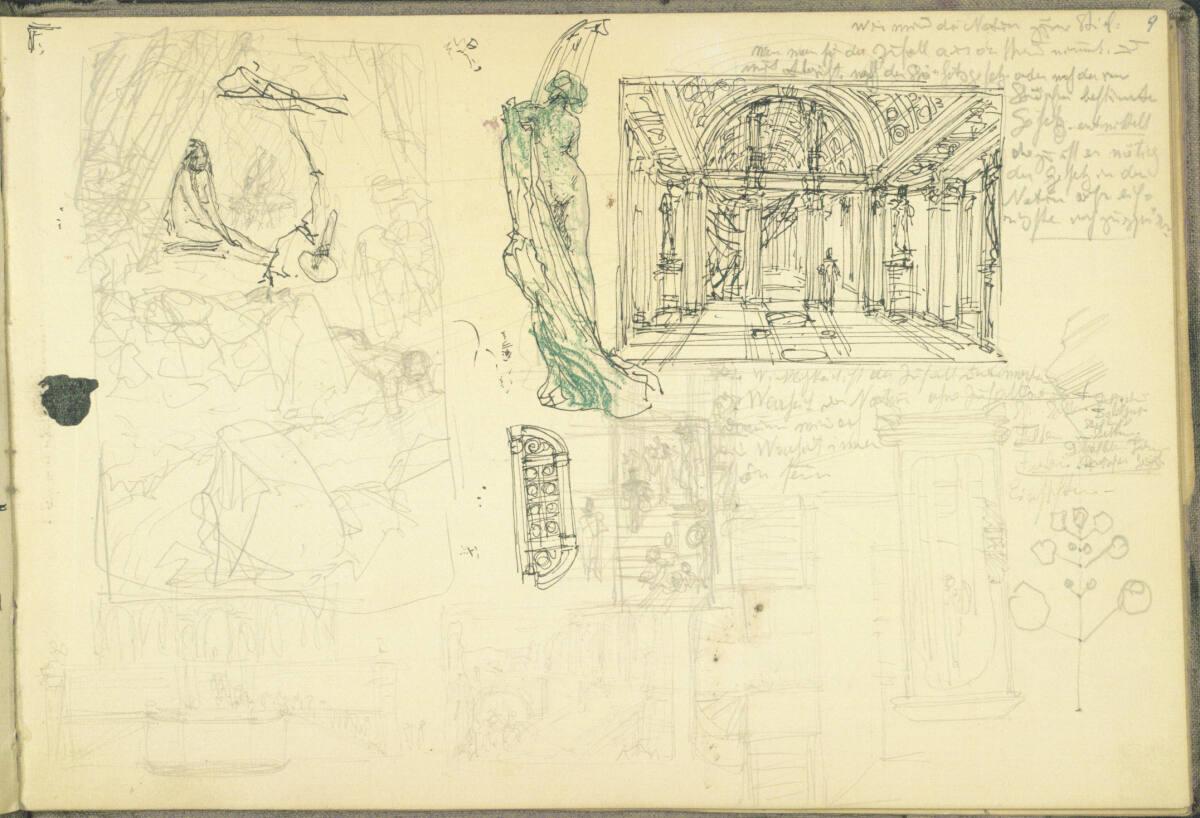 Alexander Rothaug, Zwei Kompositionsentwürfe, mehrere Architekturskizzen, Inv. Nr.: 30552/9r