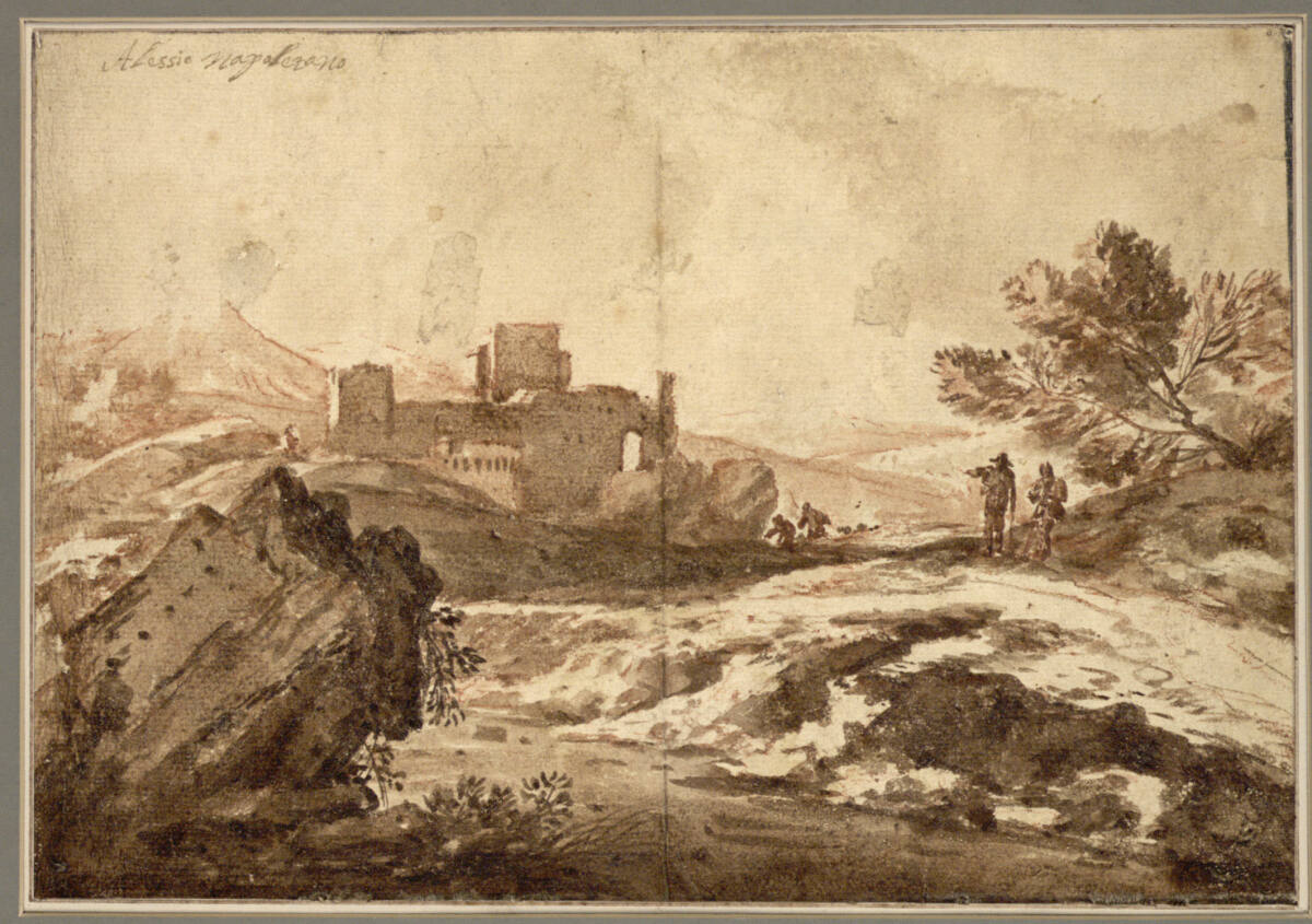Landschaft mit verfallenem Gebäude; vorne rechts vier Männer und eine Baumgruppe; links vorne ein Felsblock, AlessiodeMarchis