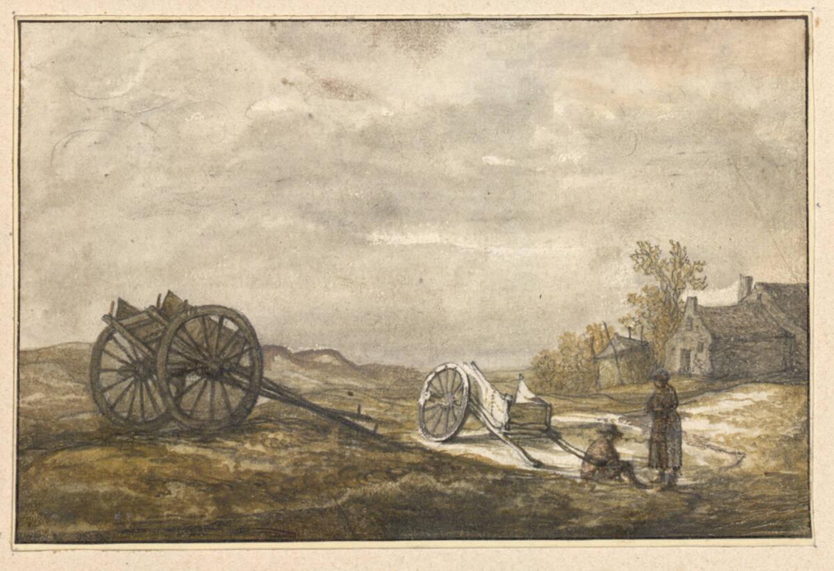 Aelbert Cuyp, Zwei Karren in einer Dünenlandschaft mit Gehöft, Inv. Nr.: 8694