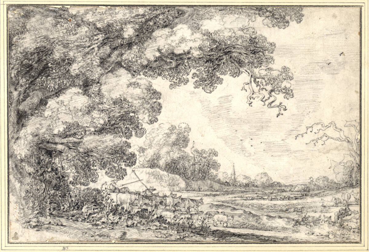 Baumreiche Flusslandschaft mit Viehherde, Frans Ryckhals