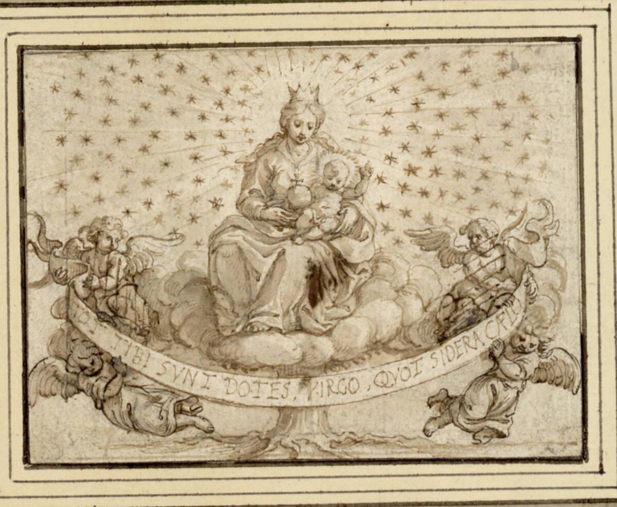 Maria am Sternenhimmel, über einem Schriftband thronend  ("TOT TIBI SVNT DOTES, VIRGO, QVOT SID…