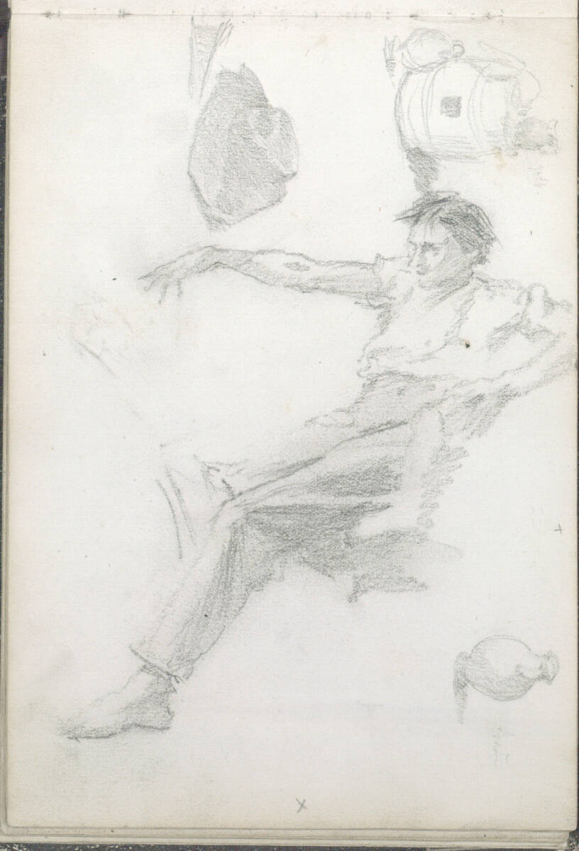 um 90° nach links gedreht: Sitzender junger Mann mit kurzärmeligem Hemd, den rechten Arm vor sich ausgestreckt; auf dem Kopf stehend: Stilllebenstudien: Faß, Hut, Krug, Wilhelm Leibl, 1866–1869