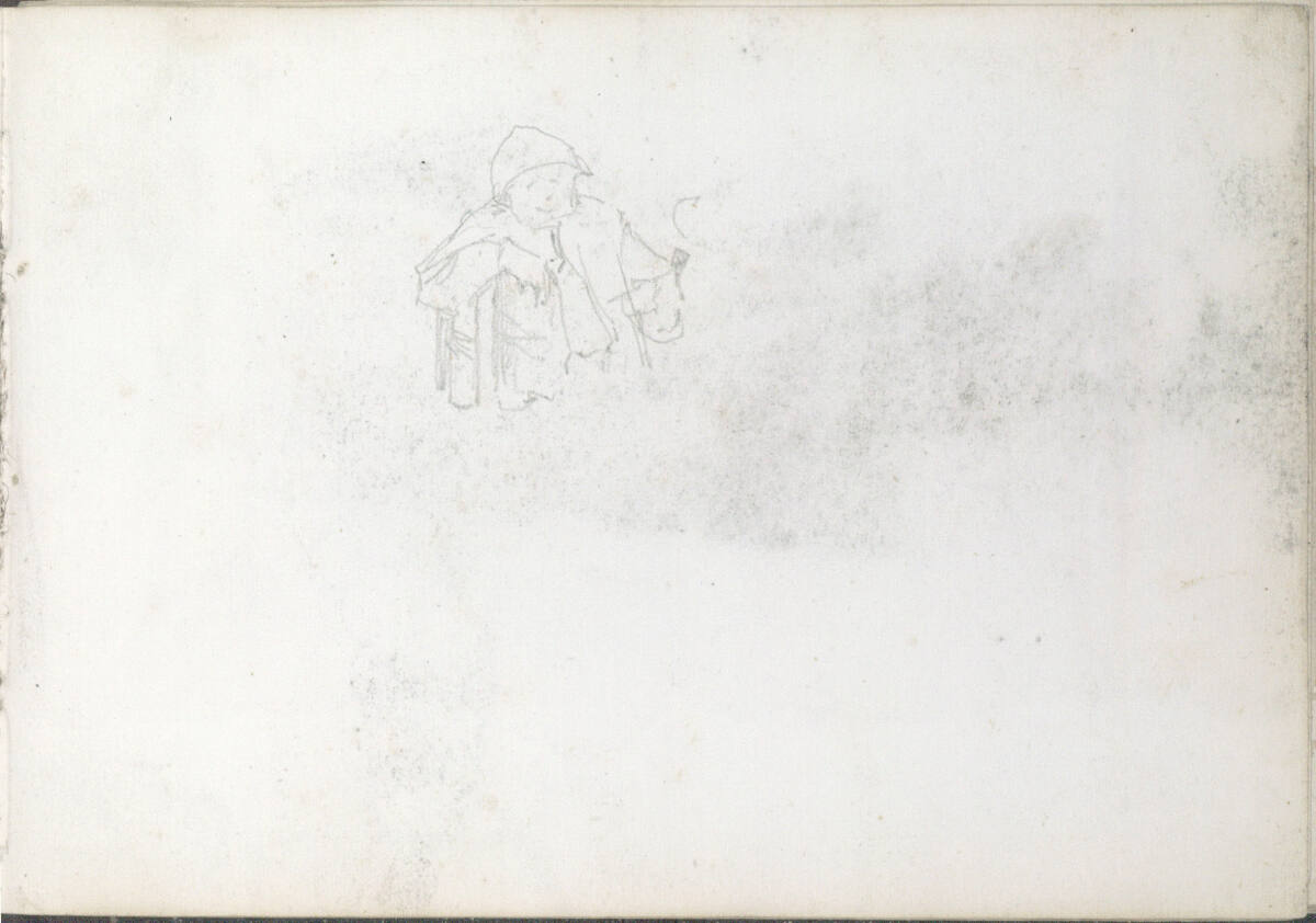 auf dem Kopf stehend: Strichzeichnung eines lachenden Bauern mit Kappe und Pfeife (nl. Generbild des 17. Jahrhunderts ?), Wilhelm Leibl, 1866–1869