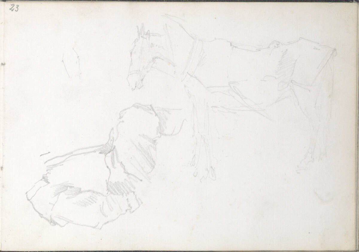 Mageres Kutschpferd mit Zaumzeug nach links; um 90° nach rechst gedreht: Rumpf einer sitzenden Bauernfigur, Wilhelm Leibl, 1866–1869