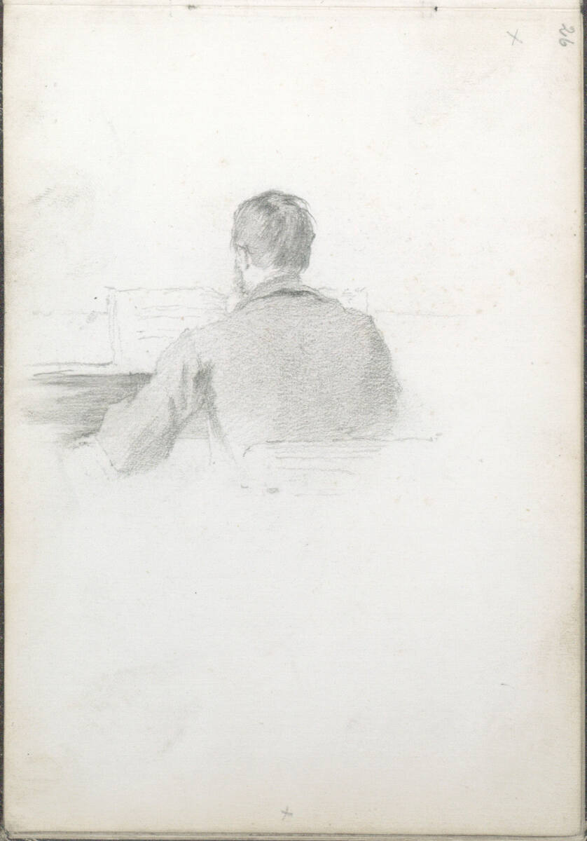 um 90° nach rechts gedreht: Halbfigur eines Mannes von hinten am Klavier (?), Wilhelm Leibl, 1866–1869