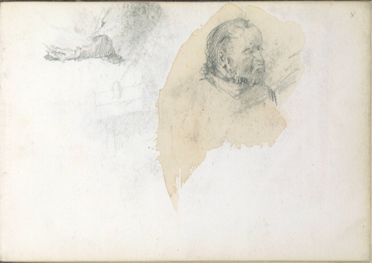 Kopf eine Mannes mit Bart; Studie eines Armes, der einen Stift hält, Wilhelm Leibl, 1866–1869
