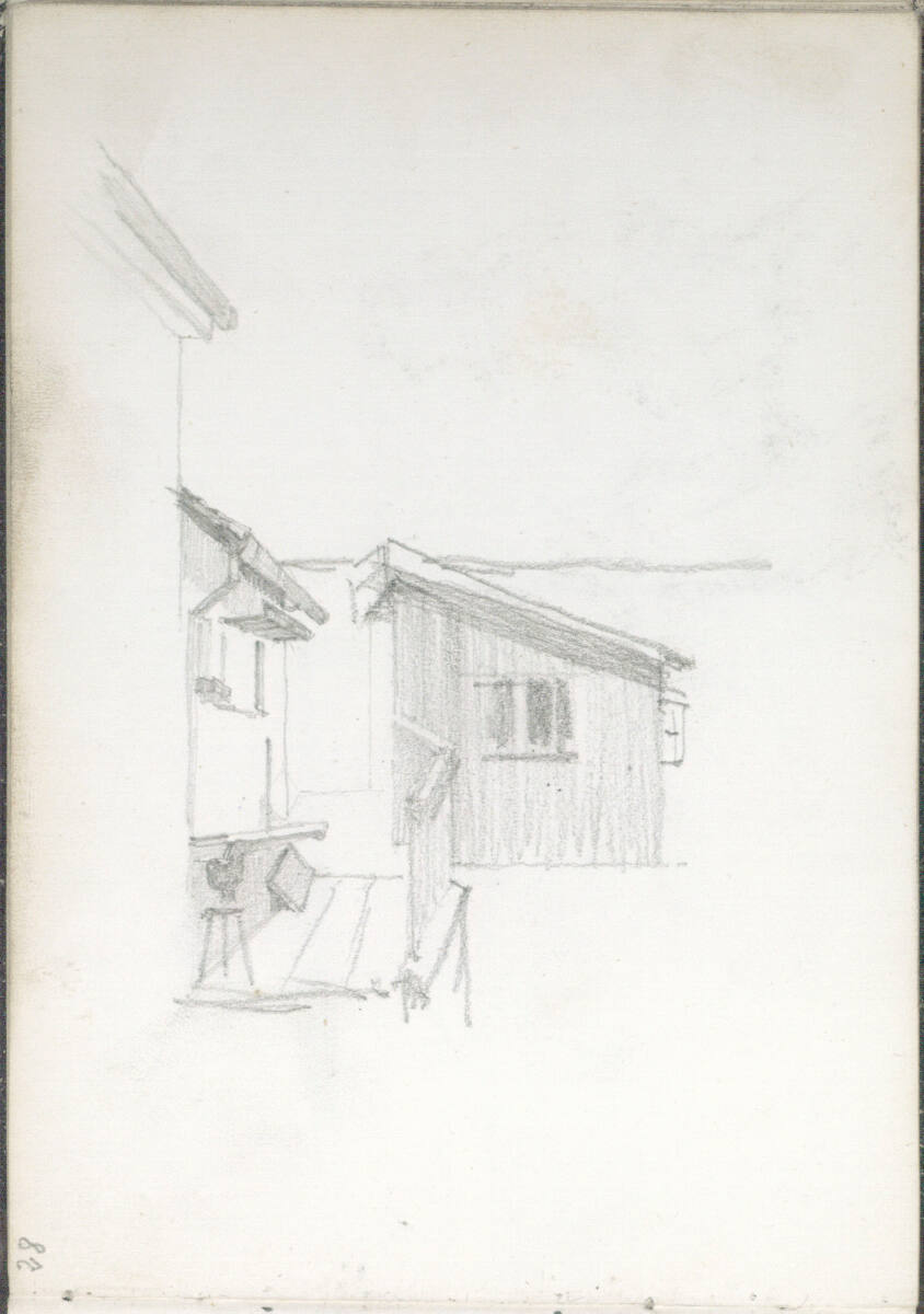 um 90° nach links gedreht: Hinterseite eines Hauses mit Veranda, Wilhelm Leibl, 1866–1869