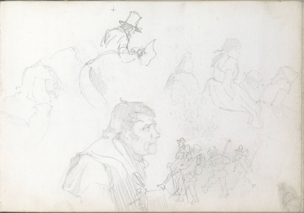 auf dem Kopf stehend: Studienblatt: Im Gras sitzende Gruppe von Bauern von rechts hinten; zeitunglesender Mann mit Zylinder von rechts hinten; Figur mit Hand vor dem Gesicht; männliches Brustbildnis im Profil nach rechts; Karikatur von vier Männern auf de, Wilhelm Leibl, 1866–1869