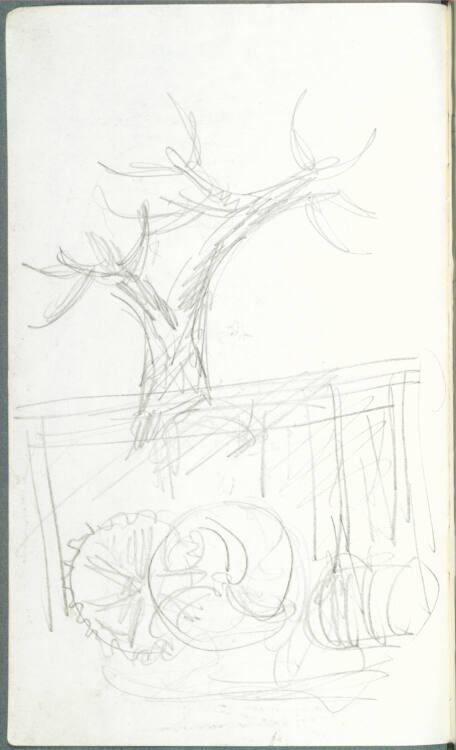 Alfred Kubin, Skizze eines Zaunes mit angelehntem Gerät, im Hintergrund ein Baum, Inv. Nr.: 367…