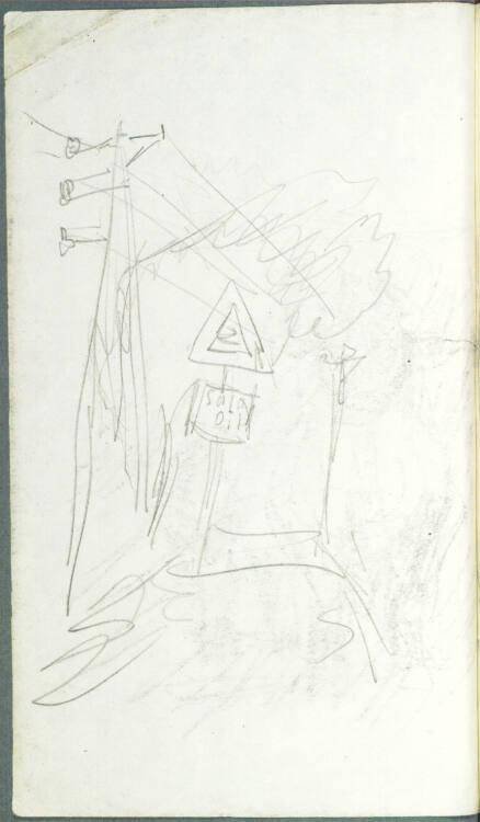 Alfred Kubin, Skizze einer Straße mit Verkehrsschild und Telegraphenmasten, Inv. Nr.: 36755/4v
