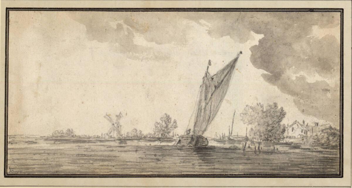 Uferlandschaft mit Segelbooten unter bewölktem Himmel, Inv. Nr.: 8760