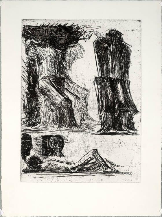 Fritz Wotruba, Sitzende und blockhafte Figur, darunter liegende Figur, zwei Köpfe, en profil, e…